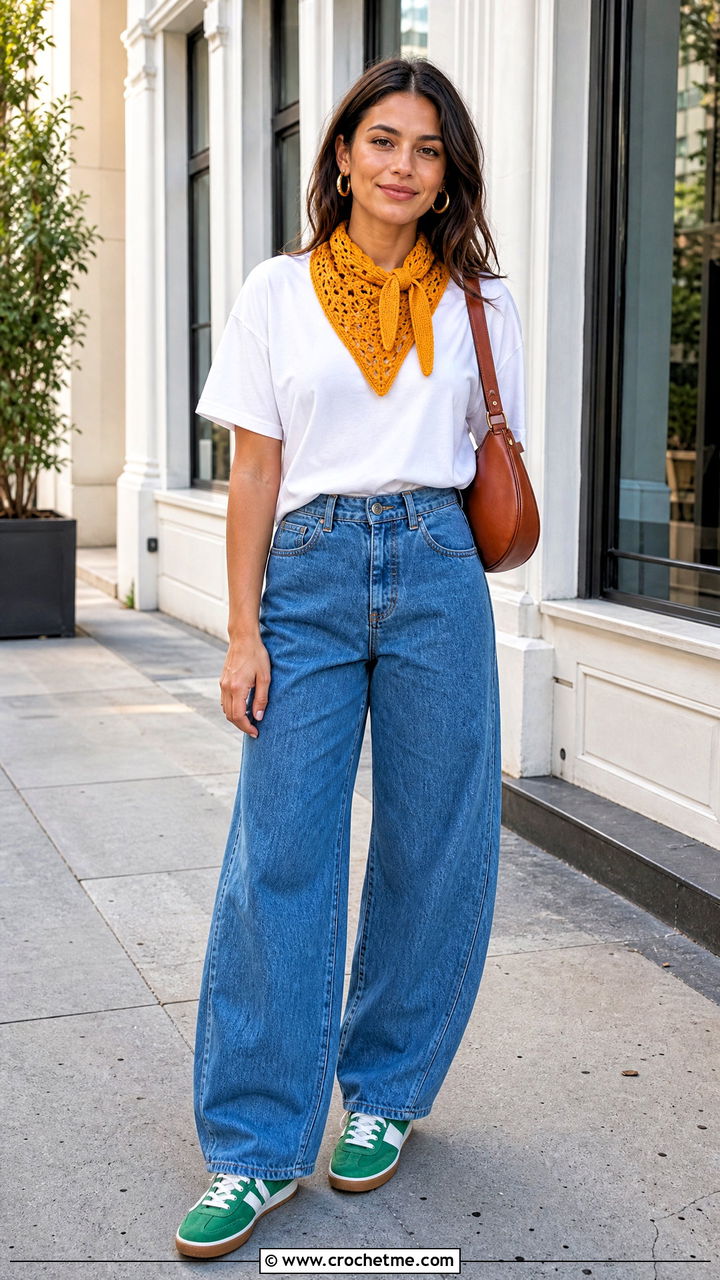 Bandana Crochet Scarf With T Shirt And Barrel Jeans - 35 quick crochet scarf outfit ideas