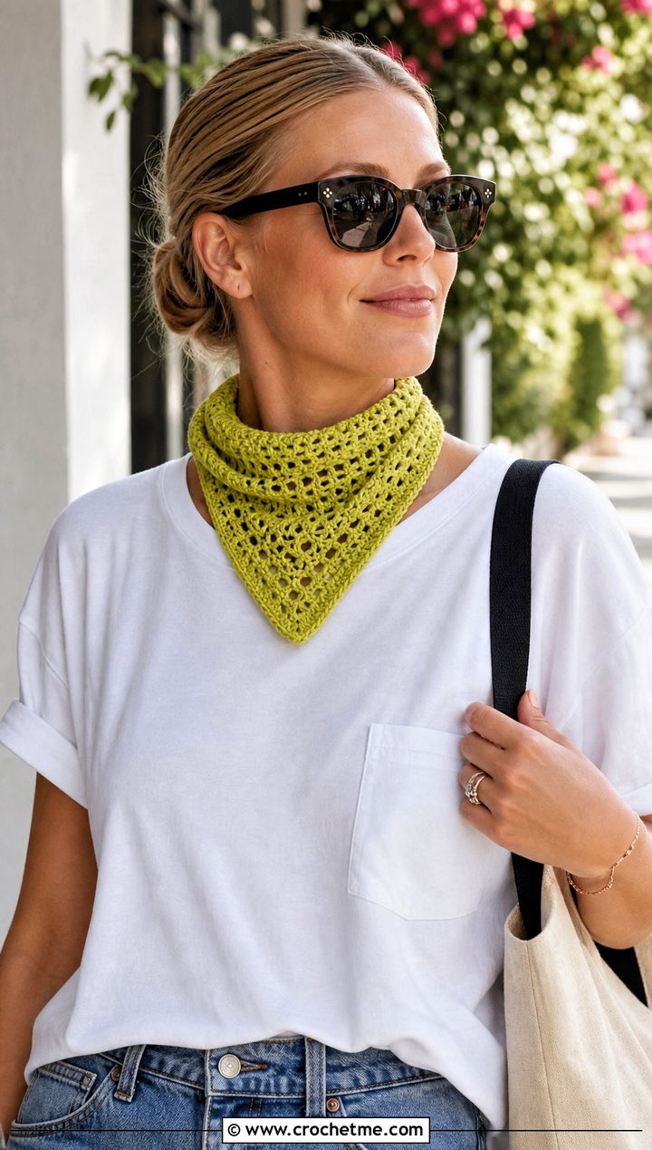 Bandana Crochet Scarf With T Shirt And Denim Midi Skirt - 30 easy crochet scarfs outfit ideas