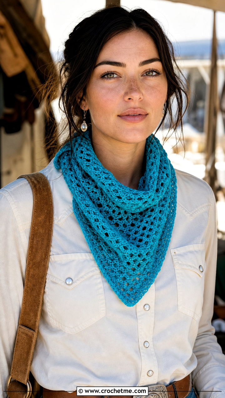 Bandana Crochet Scarf With Western Shirt And Denim Skirt - 15 Vibrant Crochet Scarf outfit ideas