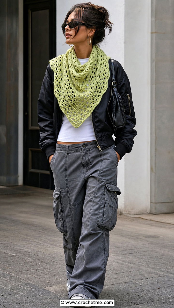 Bandana Crochet Shawl With Bomber Jacket - 25 crochet for shawls outfit ideas