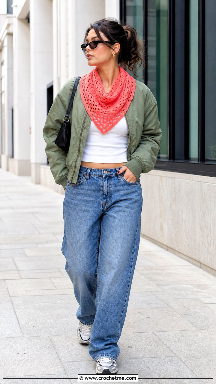 Bandana Crochet Shawl With Bomber Jacket - 35 easy simple crochet shawl outfit ideas