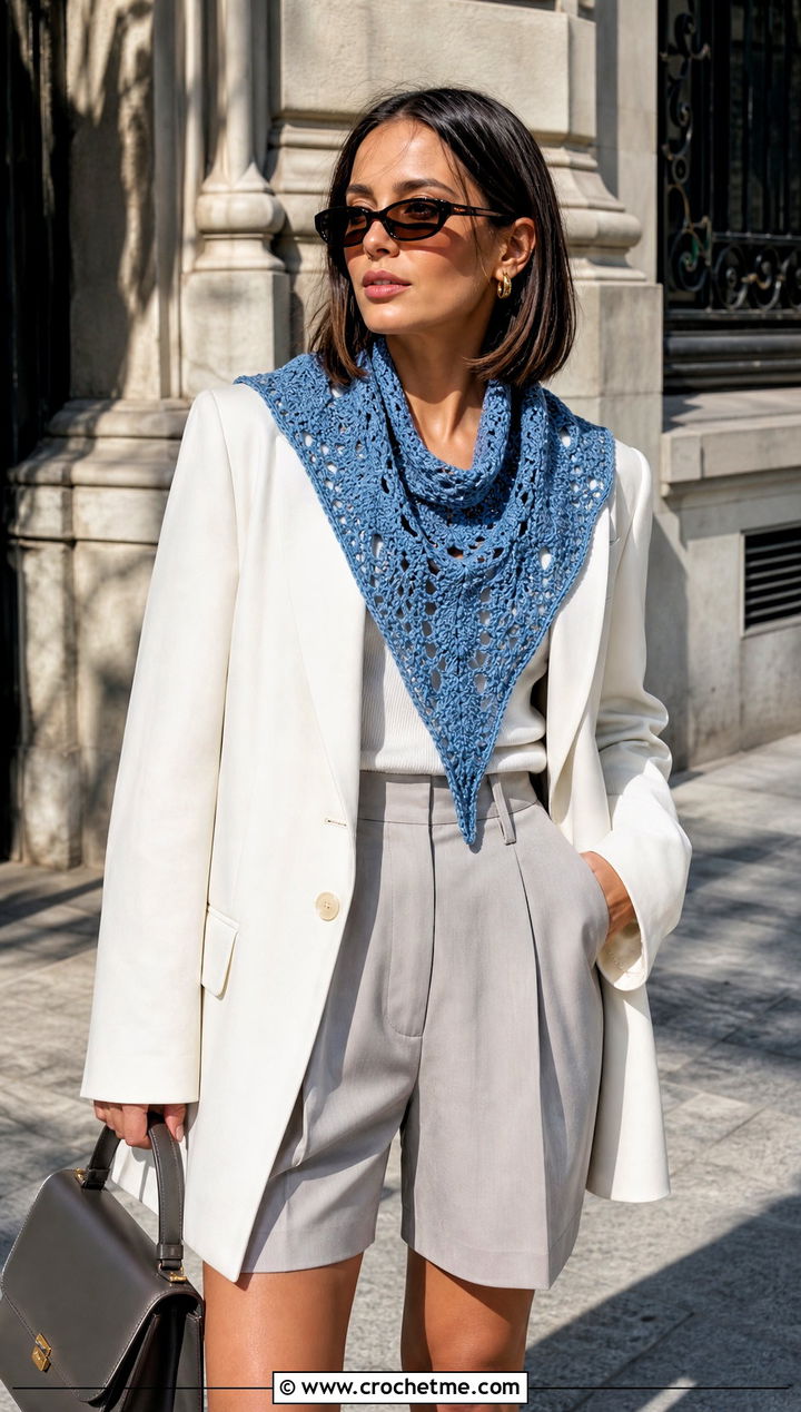 Bandana Crochet Shawl With Oversized Blazer - 30 summer crochet shawl outfit ideas