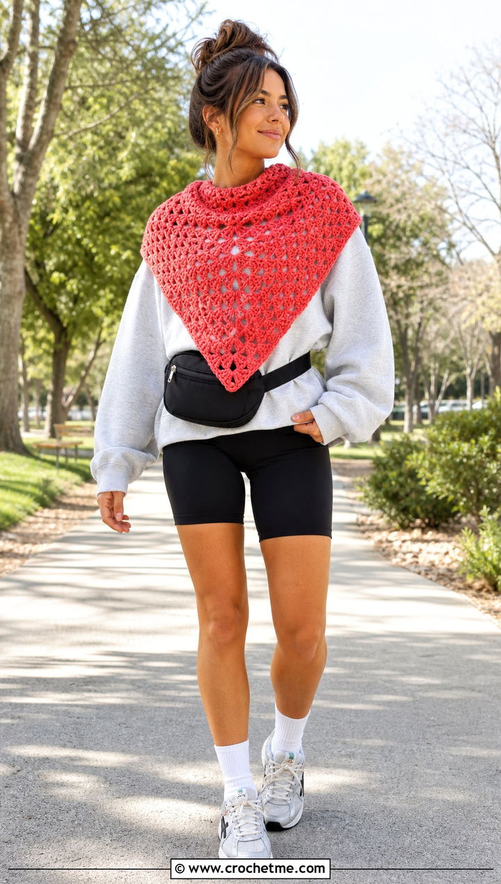 Bandana Crochet Shawl With Sweatshirt And Bike Shorts - 35 quick crochet shawl outfit ideas