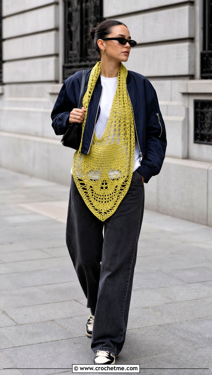 Bandana Crochet Skull Shawl With a Bomber Jacket - 35 crochet skull shawl outfit ideas