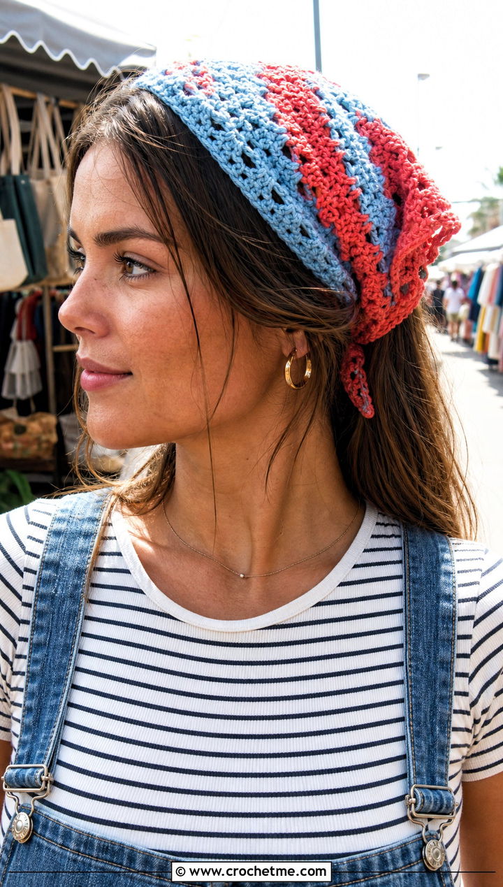 Bandana Crochet Tie Headband With Overalls - 35 crochet tie headband outfit ideas