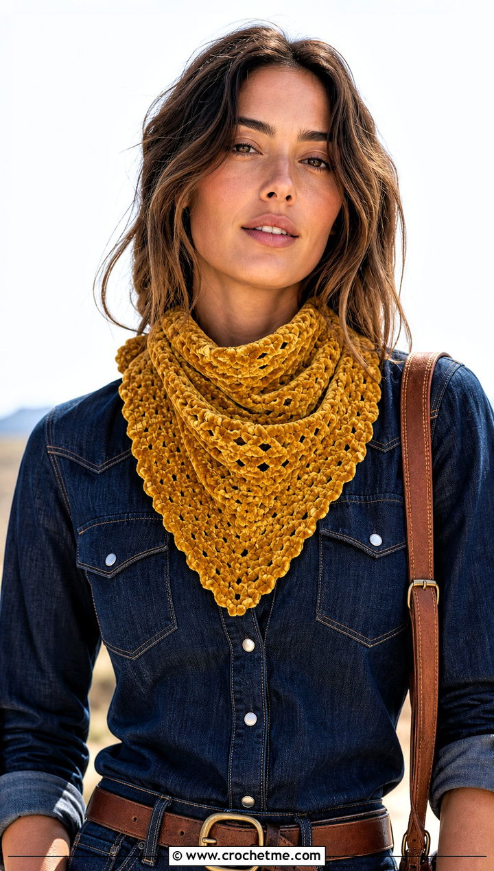 Bandana Crochet Velvet Scarf With Western Denim Outfit - 25 Crochet Velvet Scarf outfit ideas
