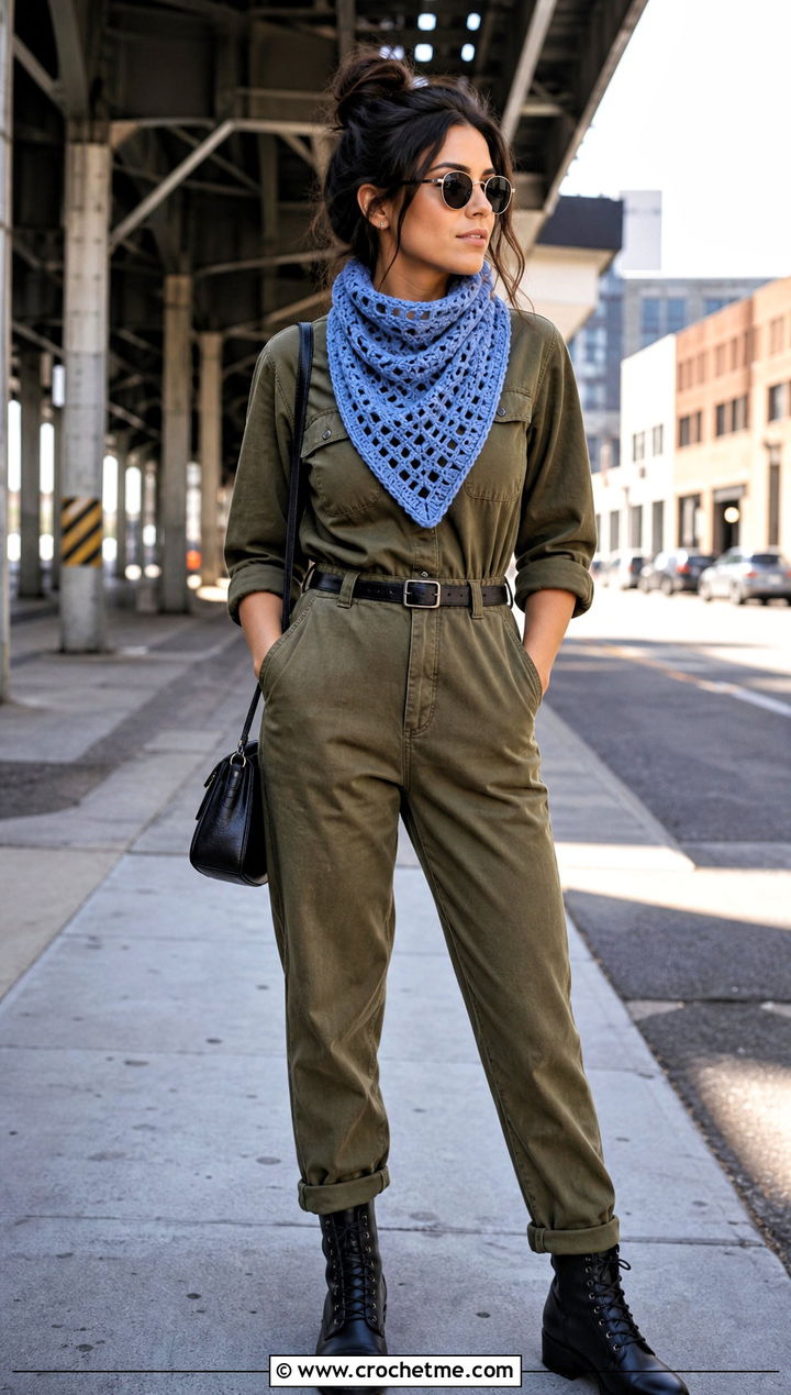 Bandana Crocheted Cowl With Utility Jumpsuit And Combat Boots - 25 Crocheted Cowl outfit ideas