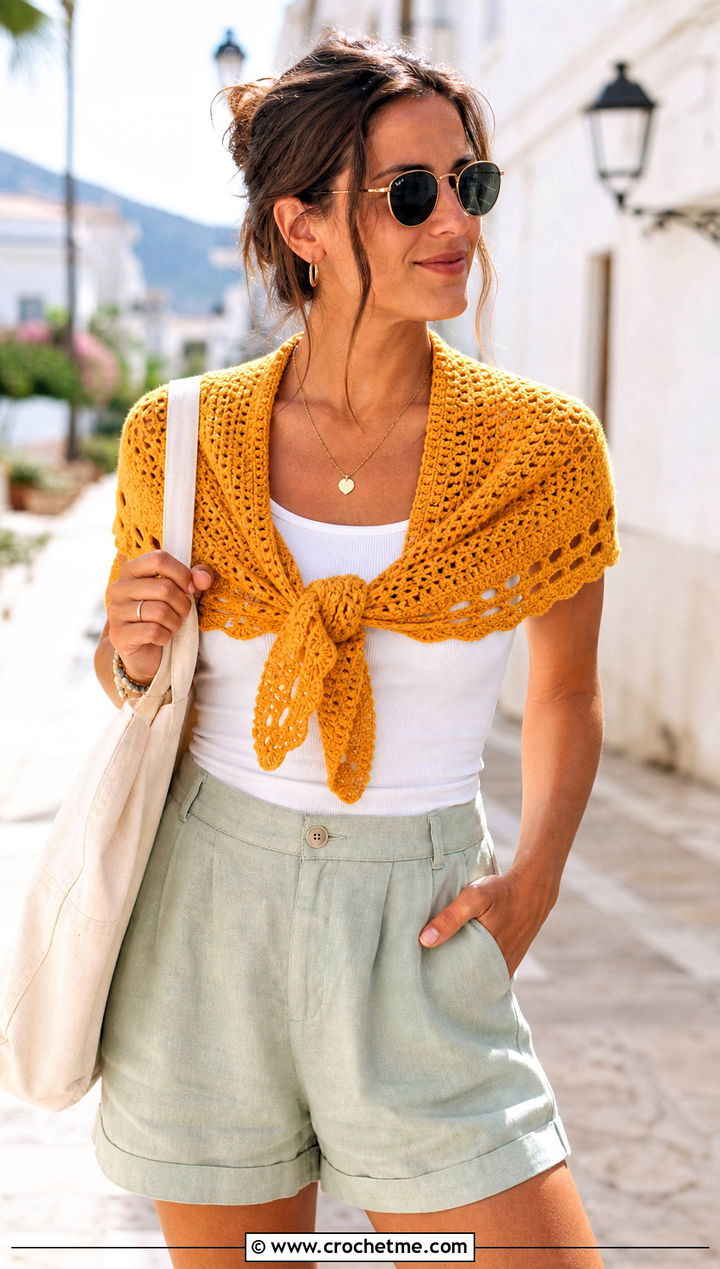 Bandana DK Yarn Crochet Shawl With Linen Shorts - 25 Crochet Shawl Dk Yarn outfit ideas