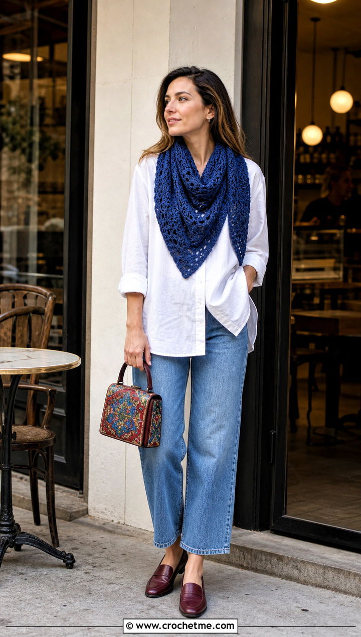 Bandana Double Crochet Scarf With White Shirt And Cropped Jeans - 35 double crochet scarf outfit ideas