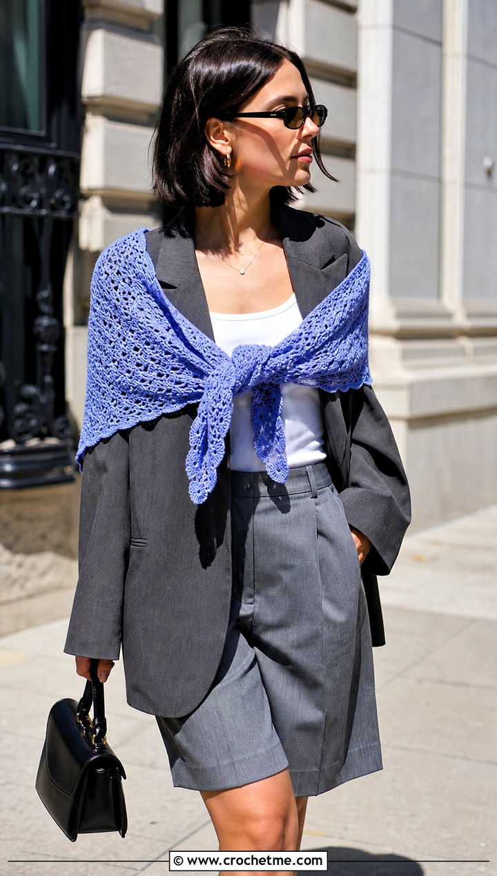 Bandana Double Crochet Shawl With Blazer And Shorts - 20 Double Crochet Shawl outfit ideas