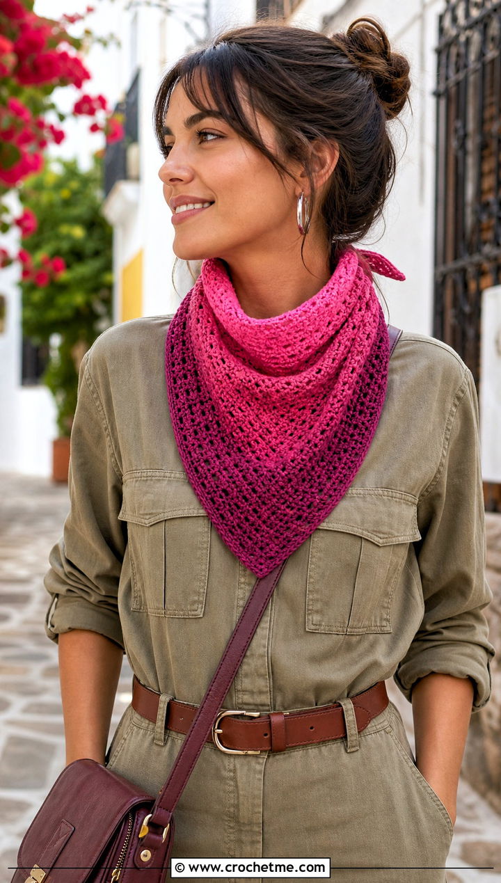 Bandana Gradient Crochet Scarf With Utility Jumpsuit - 25 gradient crochet scarf outfit ideas