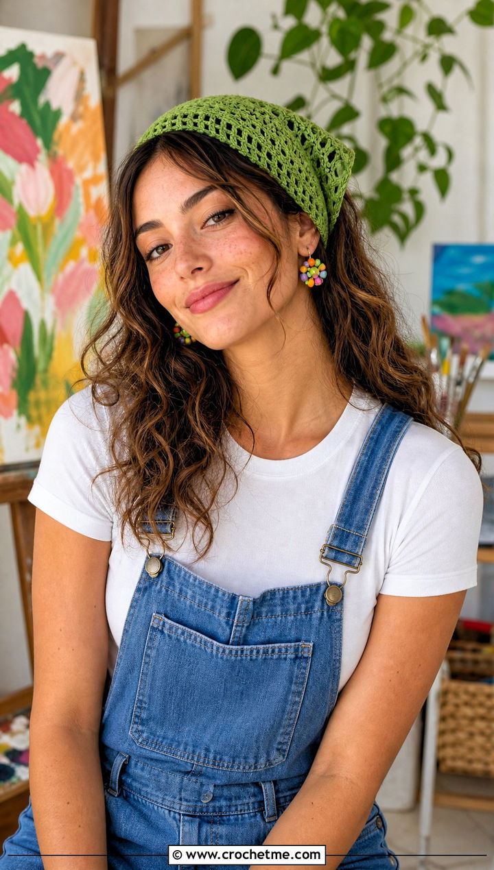 Bandana Green Crochet Headband With Overalls And Sneakers - 30 green crochet headband outfit ideas