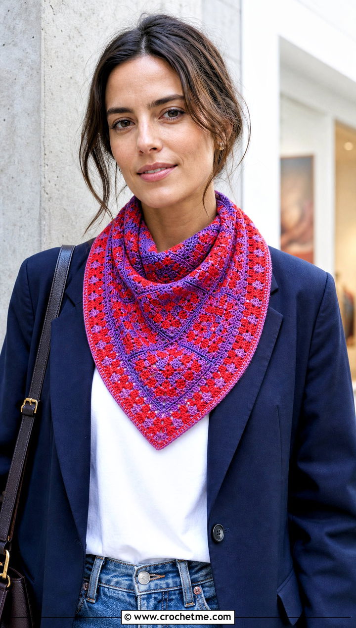 Bandana Mosaic Crochet Scarf With Blazer And T Shirt - 25 Mosaic Crochet Scarf outfit ideas