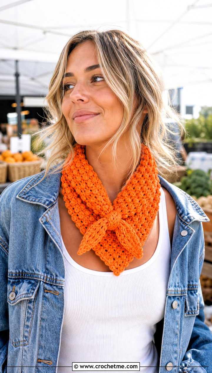 Bandana Popcorn Crochet Scarf With Denim Jacket - 25 Popcorn Crochet Scarf outfit ideas