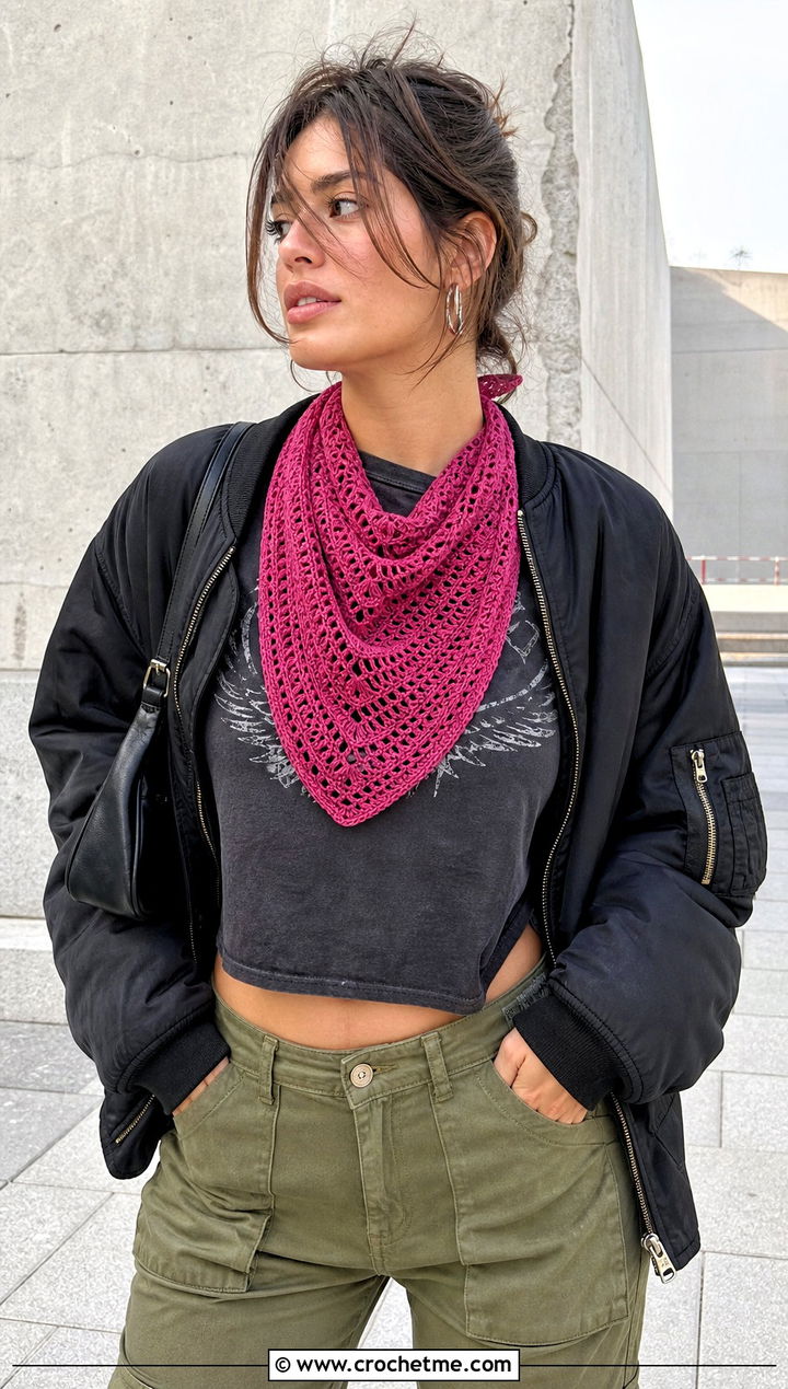 Bandana Shell Scarf With Graphic Tee And Cargo Pants - 25 crochet shell scarf outfit ideas