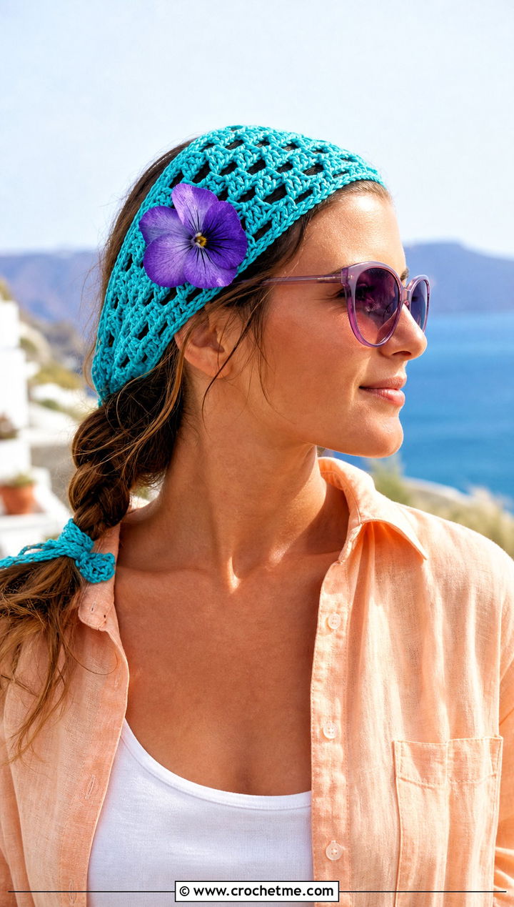 Bandana Style Crochet Headband With Linen Set Outfit - 15 crochet headband with purple flower outfit ideas