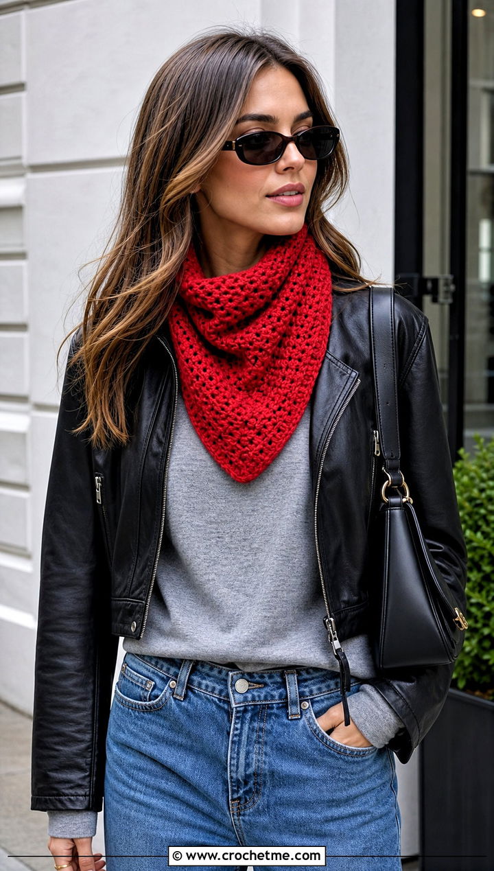 Bandana Triangle Cowl With Leather Jacket - 30 crochet triangle cowl outfit ideas