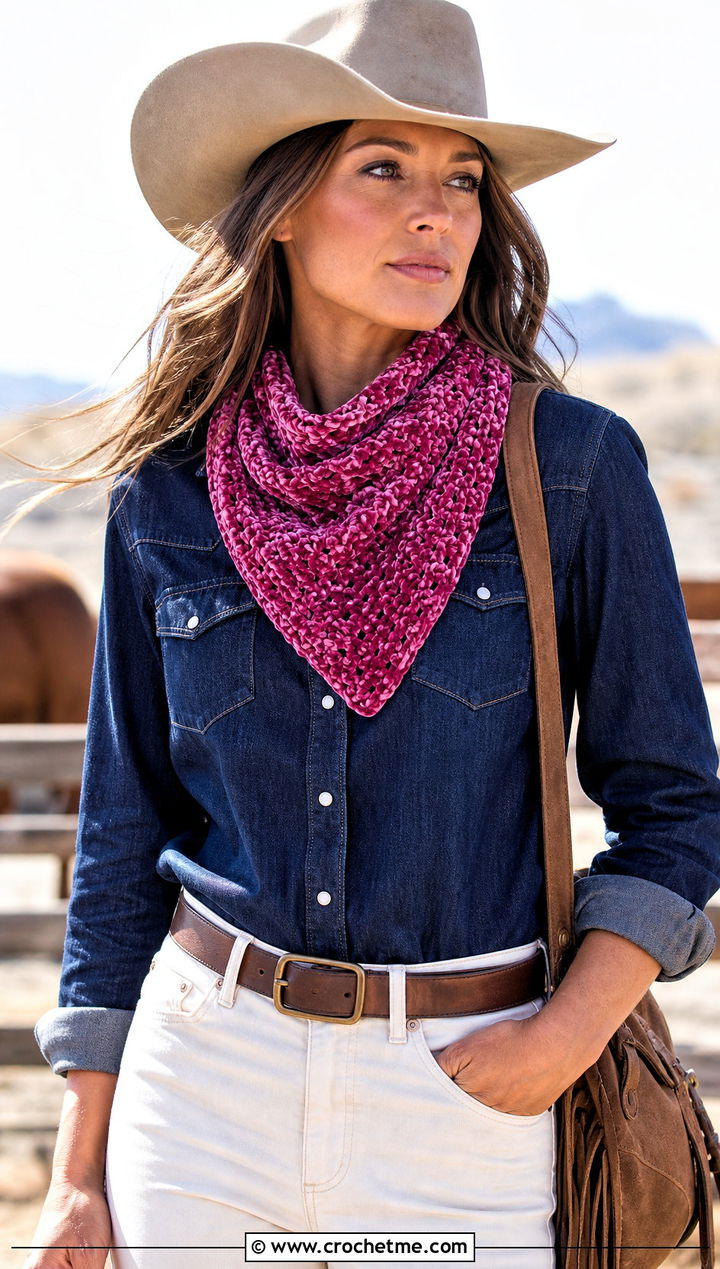Bandana Velvet Crochet Scarf With Western Shirt - 25 Velvet Crochet Scarf outfit ideas