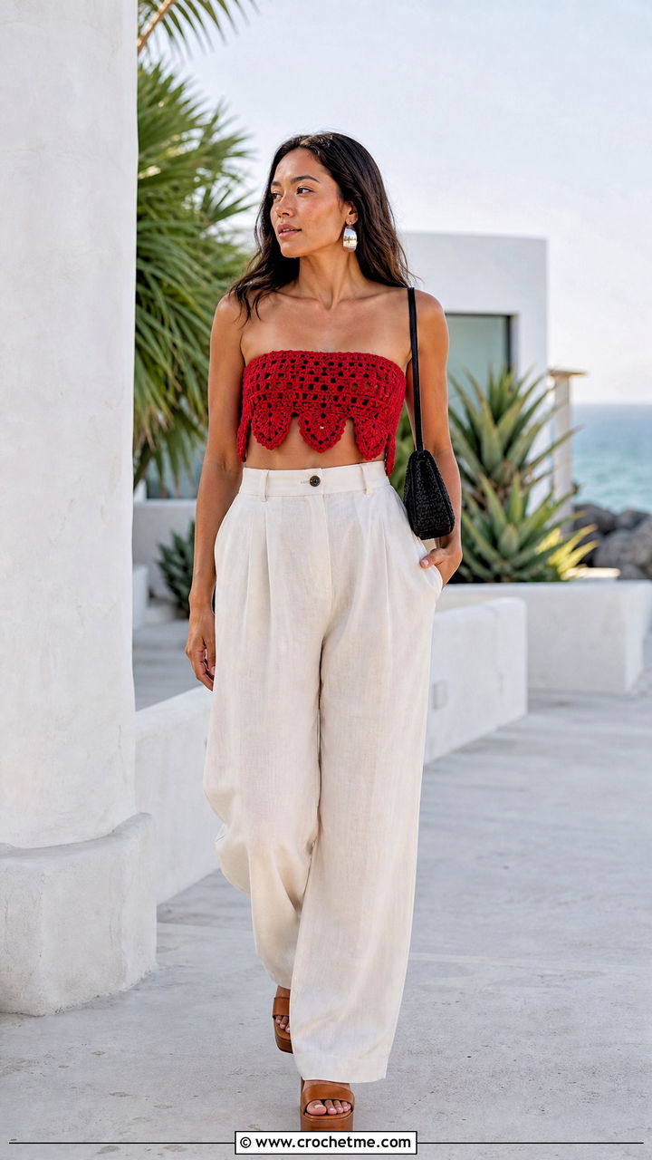 Bandeau Beach Crochet Top With Wide Leg Pants - 35 Beach Crochet Top outfit ideas