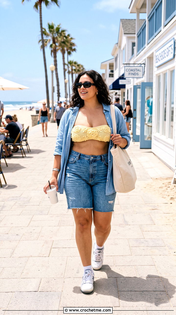 Bandeau Crochet Bikini With Denim Bermuda Shorts - 15 crochet bikinis for women outfit ideas