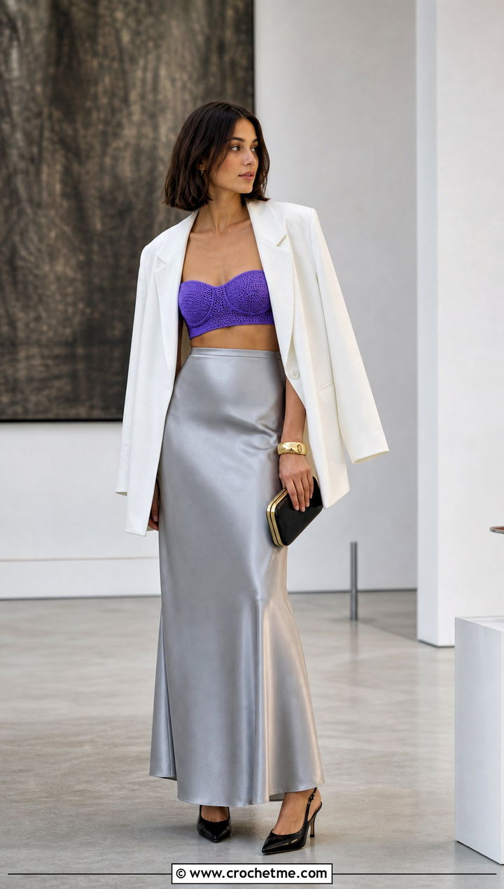 Bandeau Crochet Bralette With Satin Maxi Skirt - 15 simple crochet bralette outfit ideas