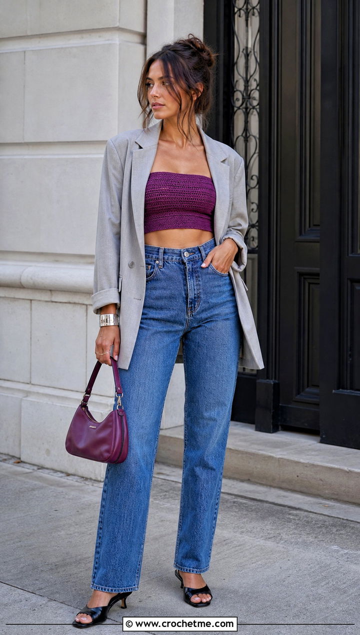 Bandeau Crochet Crop Top With Blazer And Jeans - 15 crochet knitted crop top outfit ideas