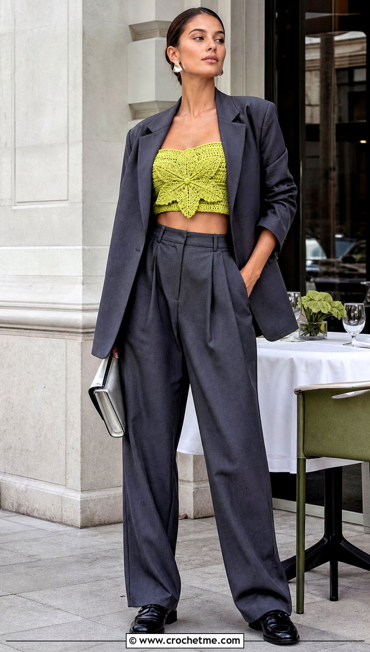 Bandeau Crochet Lily Top With Oversized Blazer - 30 crochet lily top outfit ideas