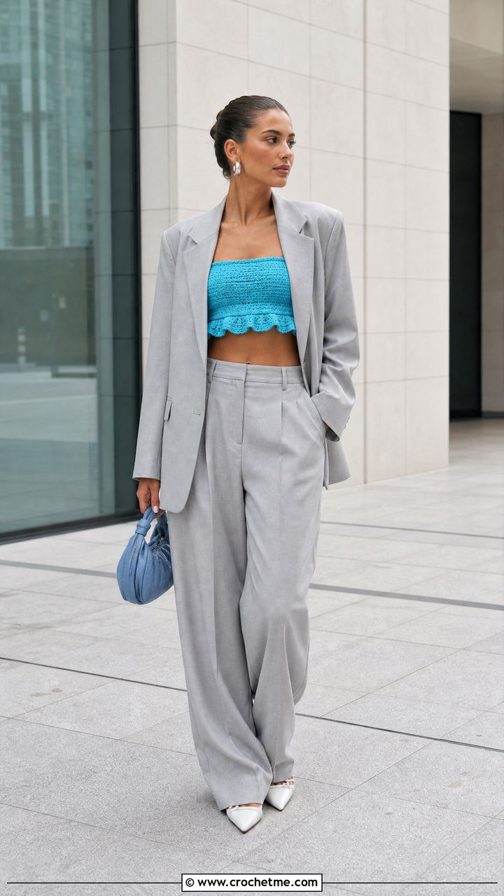 Bandeau Crochet Ruffle Top With Oversized Blazer - 35 crochet ruffle top outfit ideas