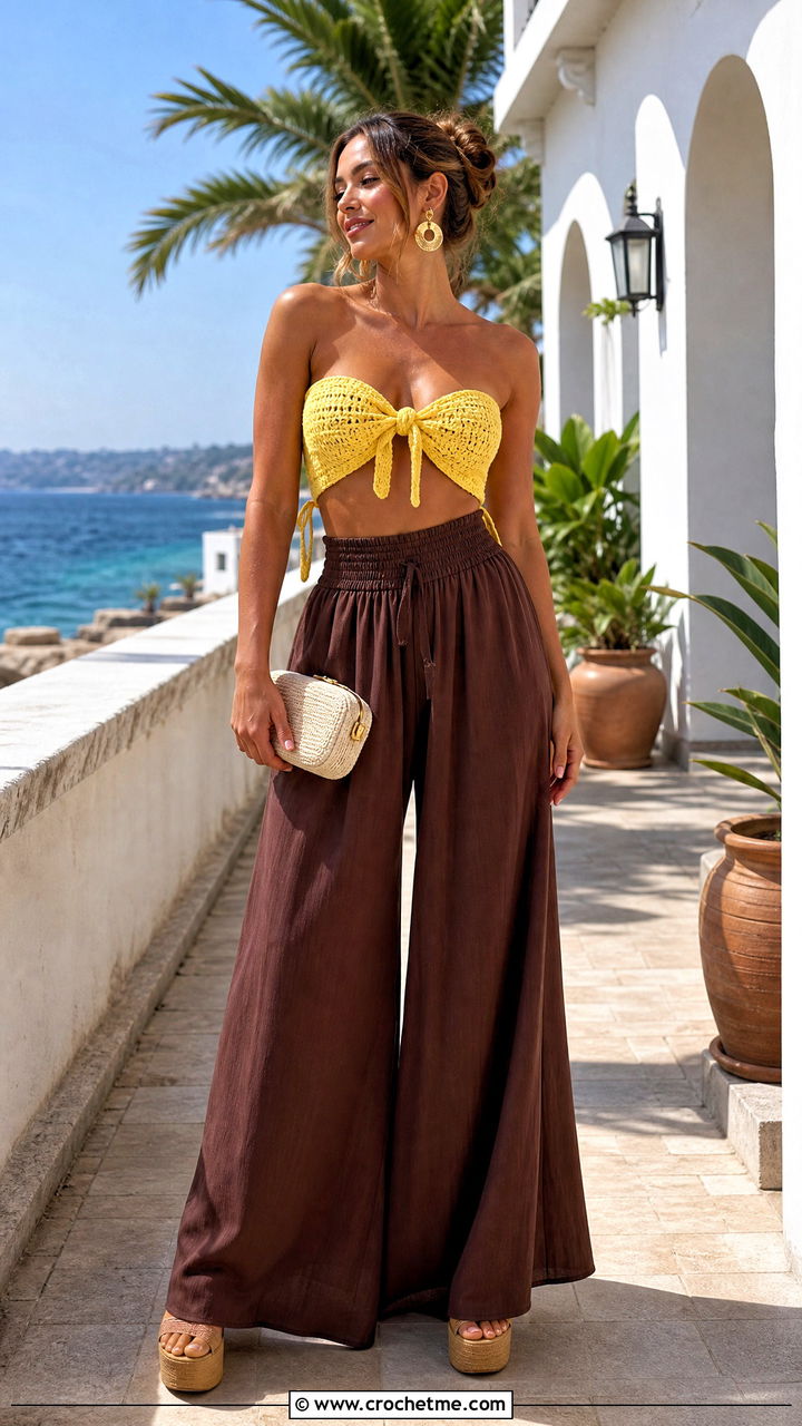 Bandeau Crochet Tie Top With Palazzo Pants - 35 crochet tie top outfit ideas