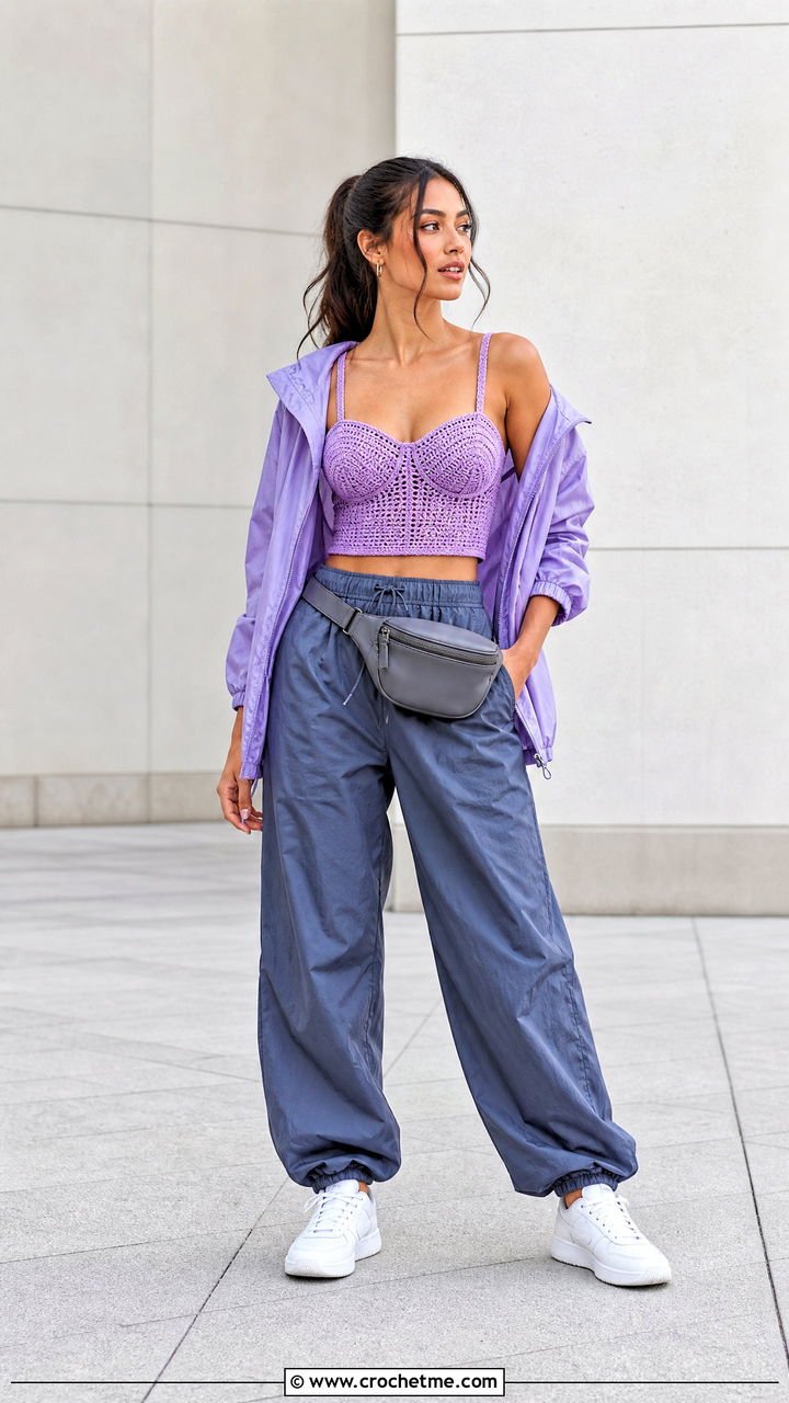 Bandeau Cup Crochet Top With Parachute Pants - 35 crochet cups top outfit ideas