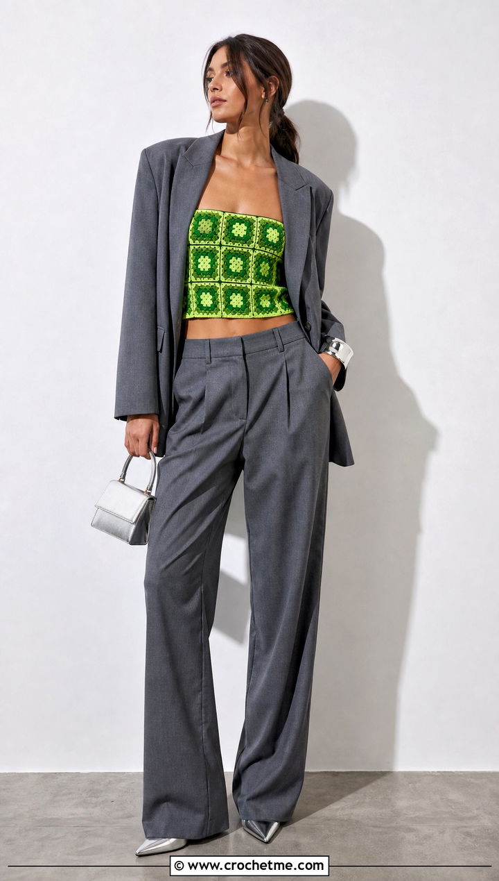 Bandeau Granny Square Top With An Oversized Suit - 35 granny square crochet top outfit ideas