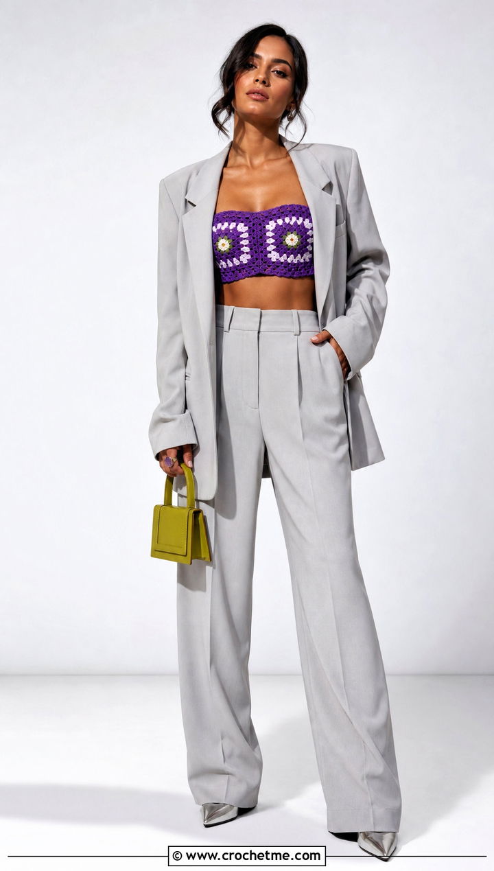 Bandeau Granny Square Top With Oversized Blazer - 35 granny squares top outfit ideas