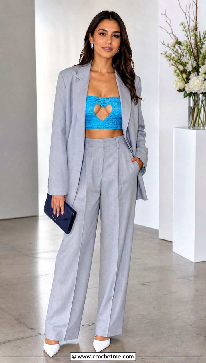 Bandeau Heart Cut Out Crochet Top With Oversized Suit - 25 Heart Cut Out Crochet Top outfit ideas