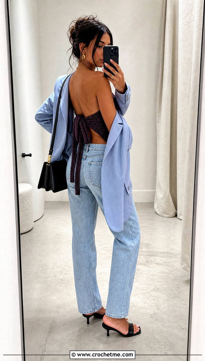 Bandeau Tie Back Crochet Top With Blazer And Jeans - 15 tie back crochet top outfit ideas