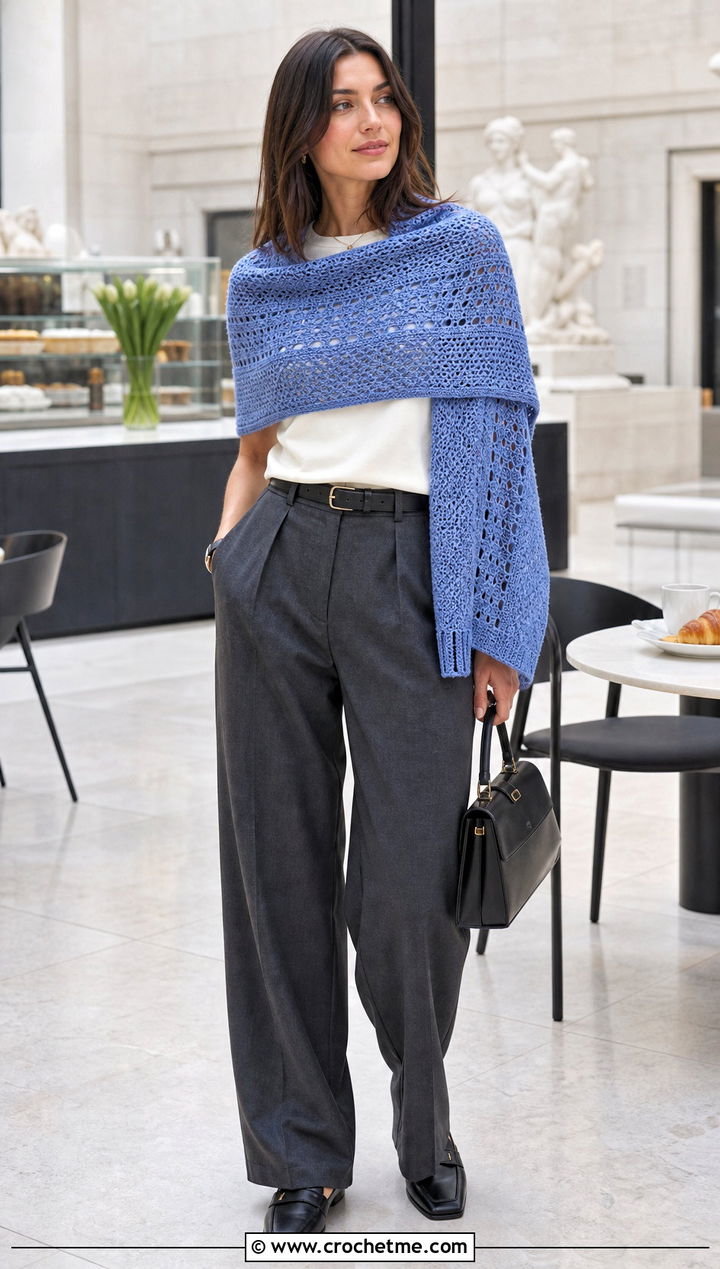 Banded Mosaic Crochet Shawl With Pleated Trousers - 30 mosaic crochet shawl outfit ideas
