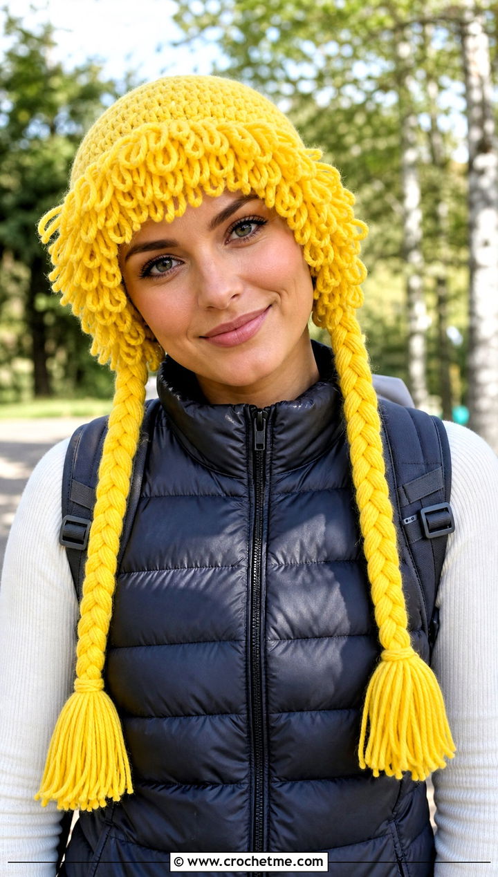 Bangs And Braids Cabbage Patch Crochet Hat With Puffer Vest - 25 Cabbage Patch Crochet Hat outfit ideas