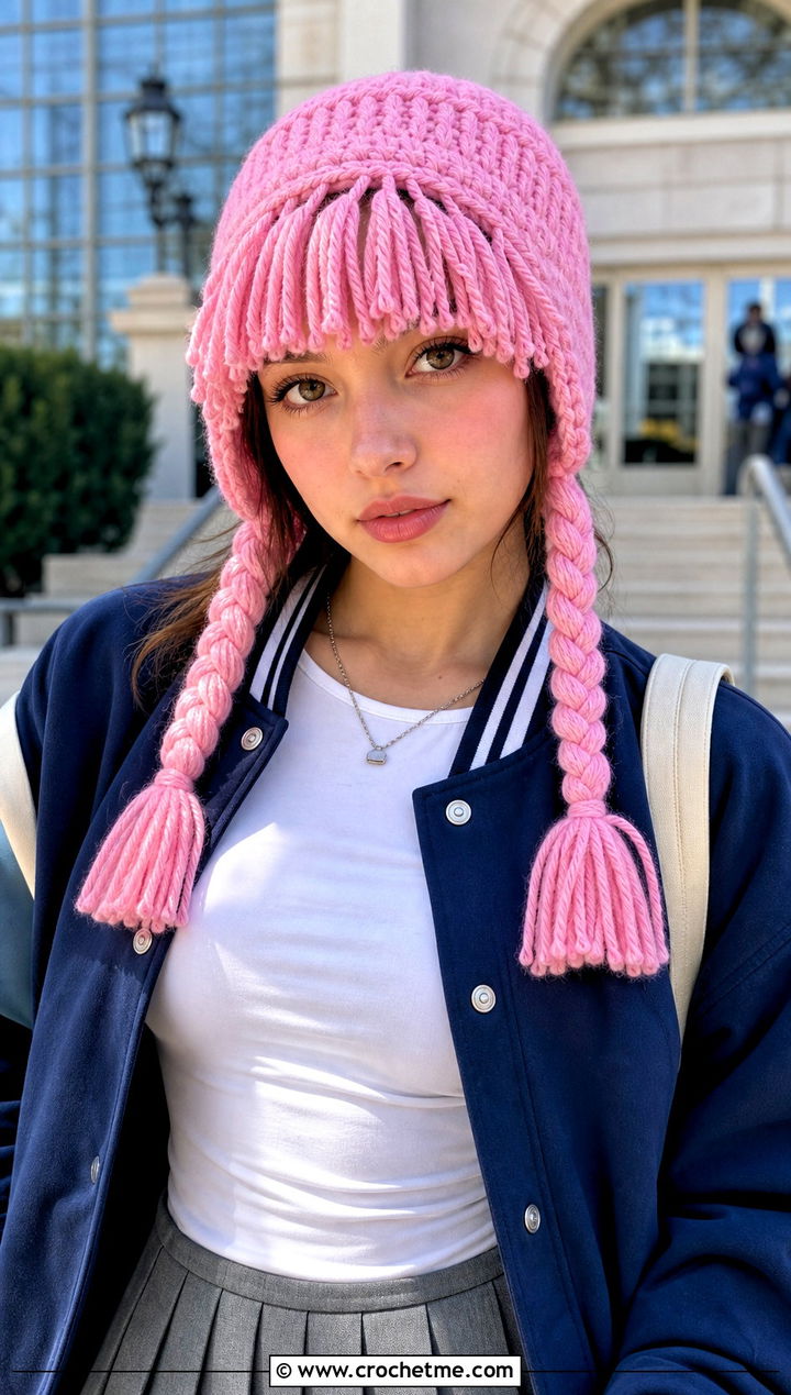 Bangs Crochet Doll Hat With Braids And Varsity Jacket - 15 crochet doll hat with braids outfit ideas
