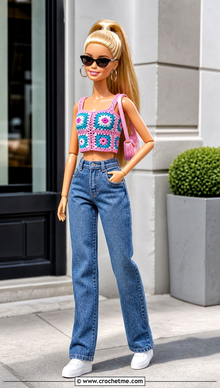 Barbie Doll Granny Square Crop Top With Jeans - 25 barbie doll crochet clothes and outfit ideas