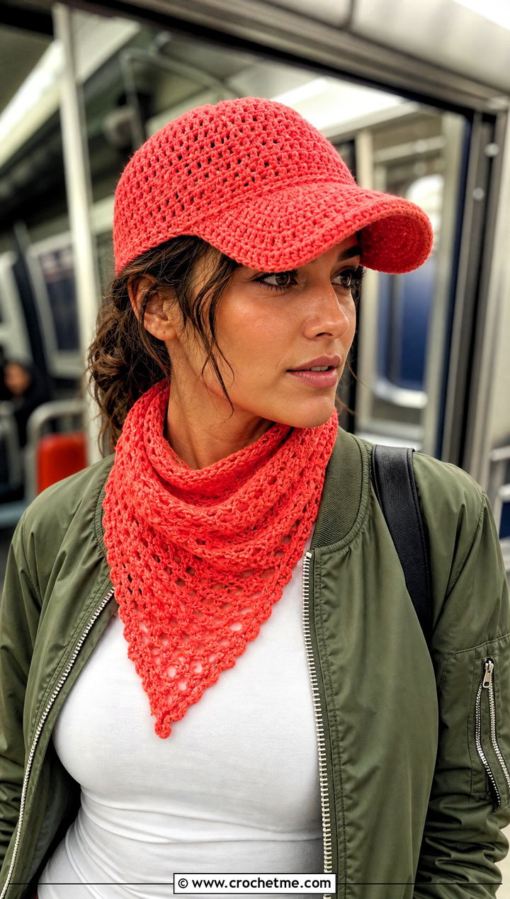 Baseball Cap And Bandana Scarf With Bomber Jacket - 30 crochet hat and scarf outfit ideas