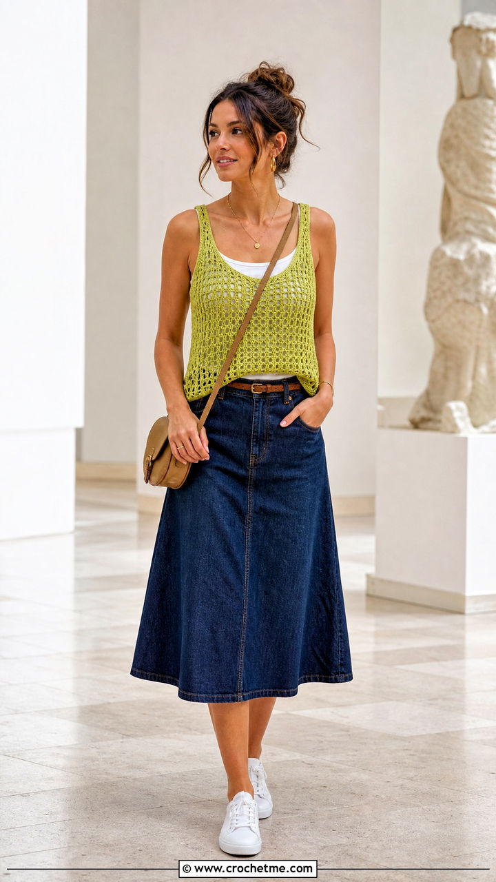 Basic Crochet Tank Top With Denim Midi Skirt - 35 beginner crochet tops outfit ideas