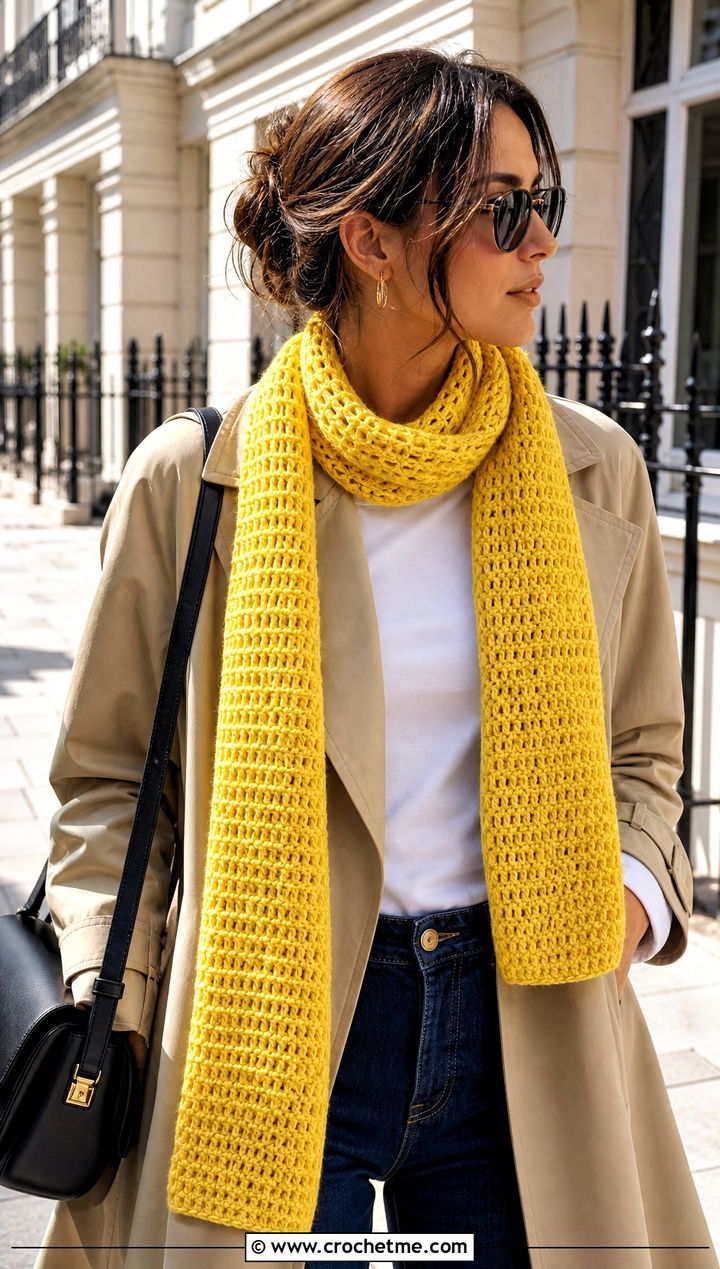 Basic Rectangle Crochet Scarf With Trench Coat - 25 Crochet For Beginners Scarf outfit ideas