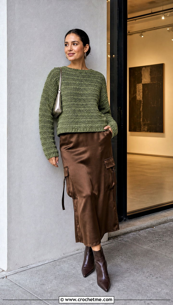 Basil Green Alpine Stitch Crochet Jumper With Satin Cargo Skirt - 30 green crochet jumper outfit ideas