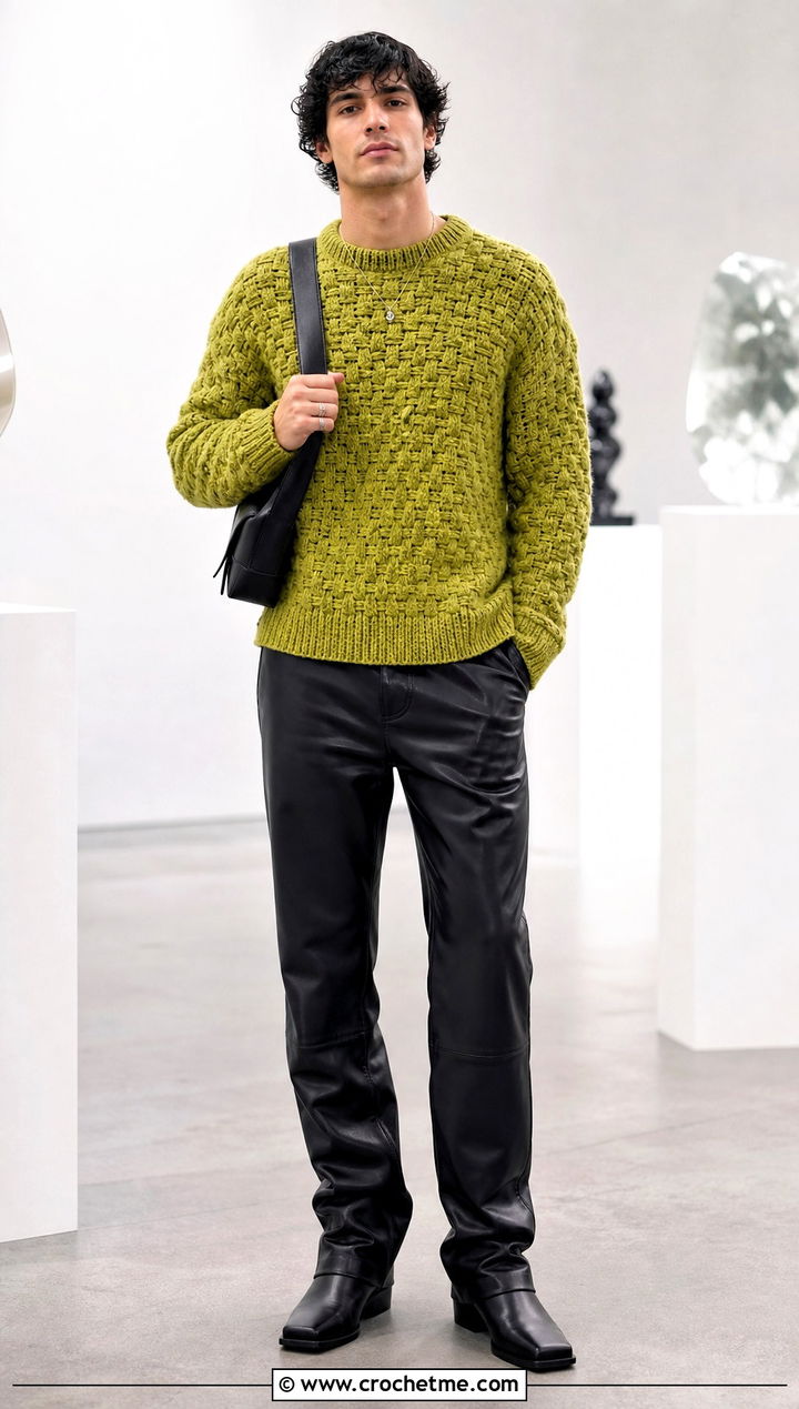 Basket Stitch Crochet Jumper With Leather Pants - 25 mens crochet jumper outfit ideas
