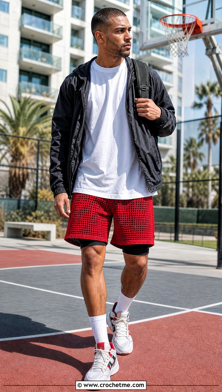 Basketball Length Crochet Shorts With Boxy T Shirt - 15 Crochet Mens Shorts For Men outfit ideas