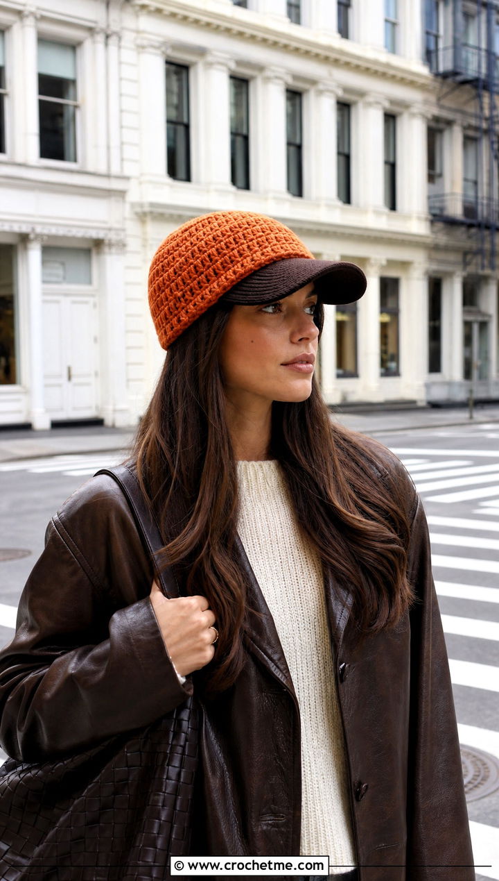 Basketweave Baseball Cap Ear Warmer With Leather Jacket - 20 crochet baseball cap ear warmer outfit ideas