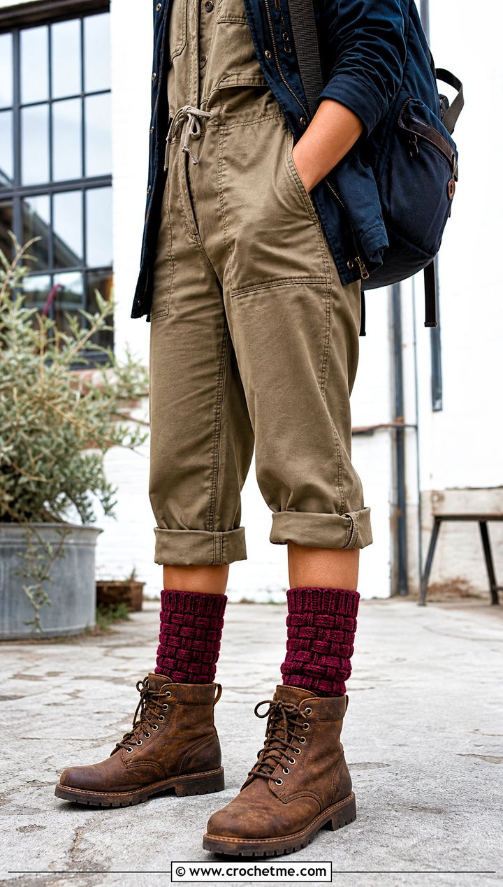 Basketweave Boot Crochet Wool Socks With Utility Jumpsuit - 30 Crochet Wool Socks outfit ideas