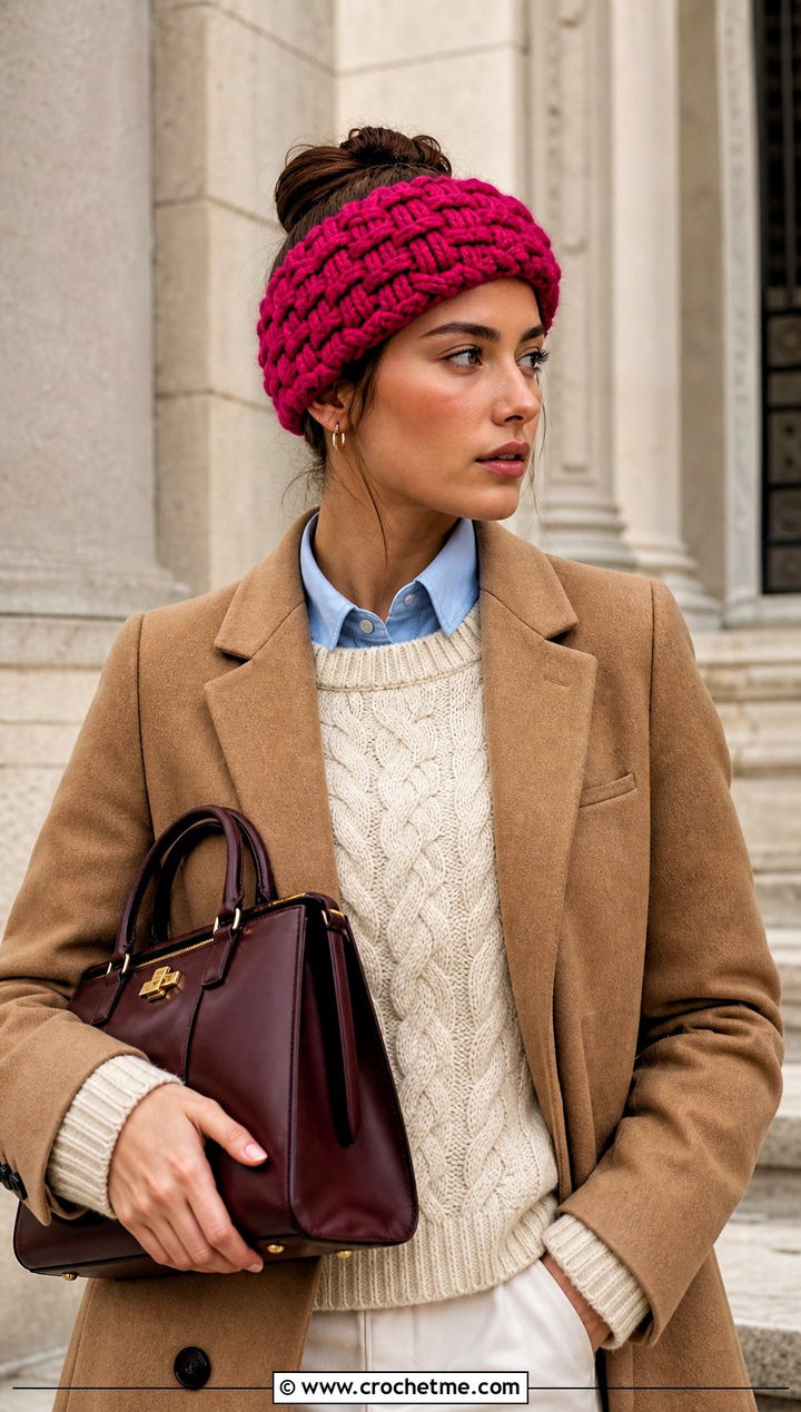 Basketweave Bulky Crochet Ear Warmer With Old Money Outfit - 25 Bulky Crochet Ear Warmer outfit ideas