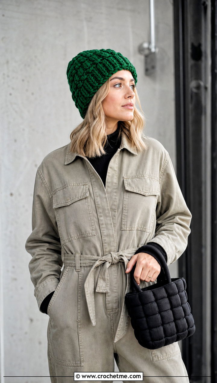 Basketweave Bulky Yarn Crochet Beanie With Utility Jumpsuit - 30 bulky yarn crochet beanie outfit ideas