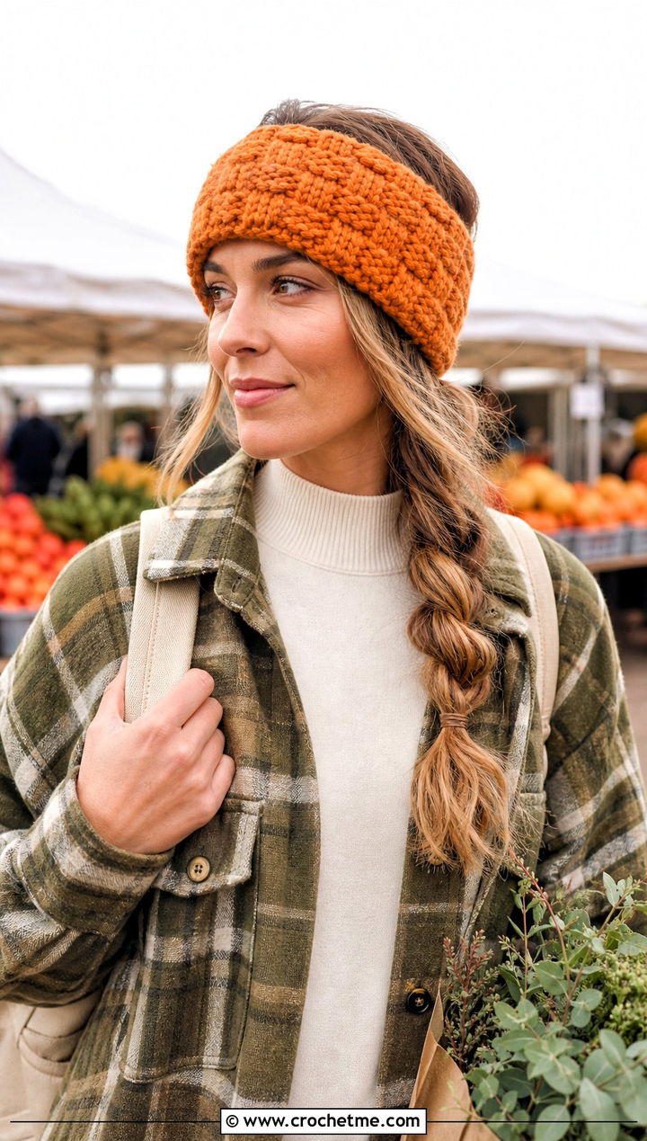 Basketweave Bulky Yarn Crochet Ear Warmer With Shacket - 20 Bulky Yarn Crochet Ear Warmer outfit ideas