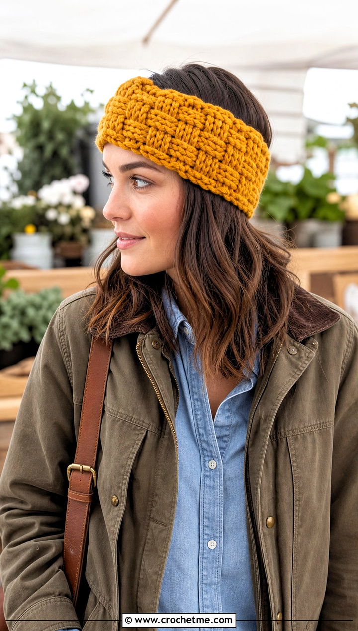 Basketweave Bulky Yarn Crochet Headband With Barn Jacket - 25 bulky yarn crochet headband outfit ideas